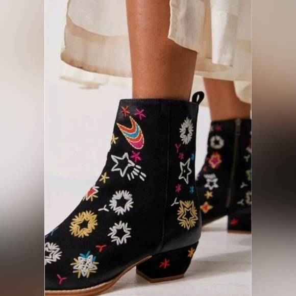 Free People Shoes - NEW FP Black Suede Celestial Star boho Embroidered Western Festival Ankle Boot